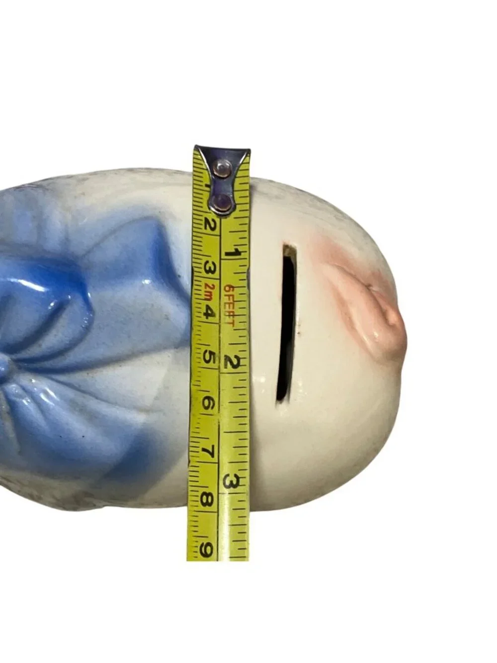 Vintage Ceramic Piggy Bank With Blue Bow and Pink Accents
